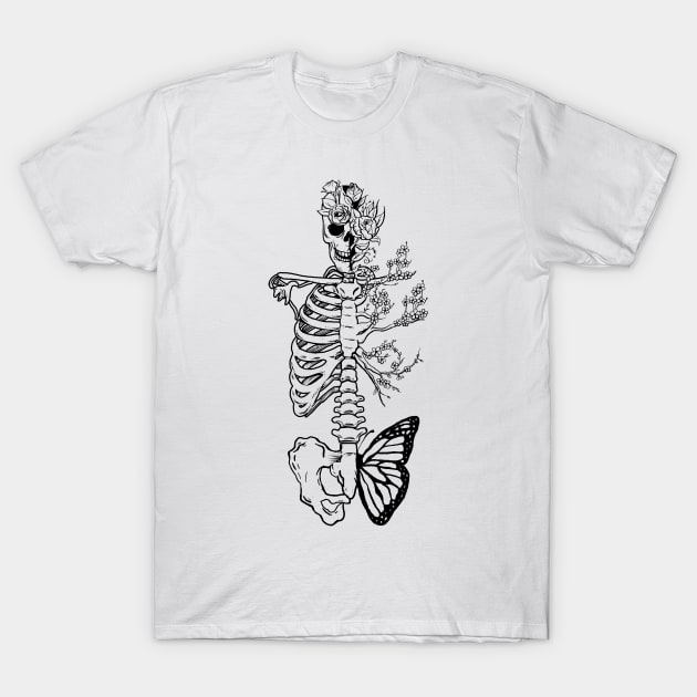 Skeleton Line Art Aesthetic Soft Grunge Butterfly T-Shirt by Alex21